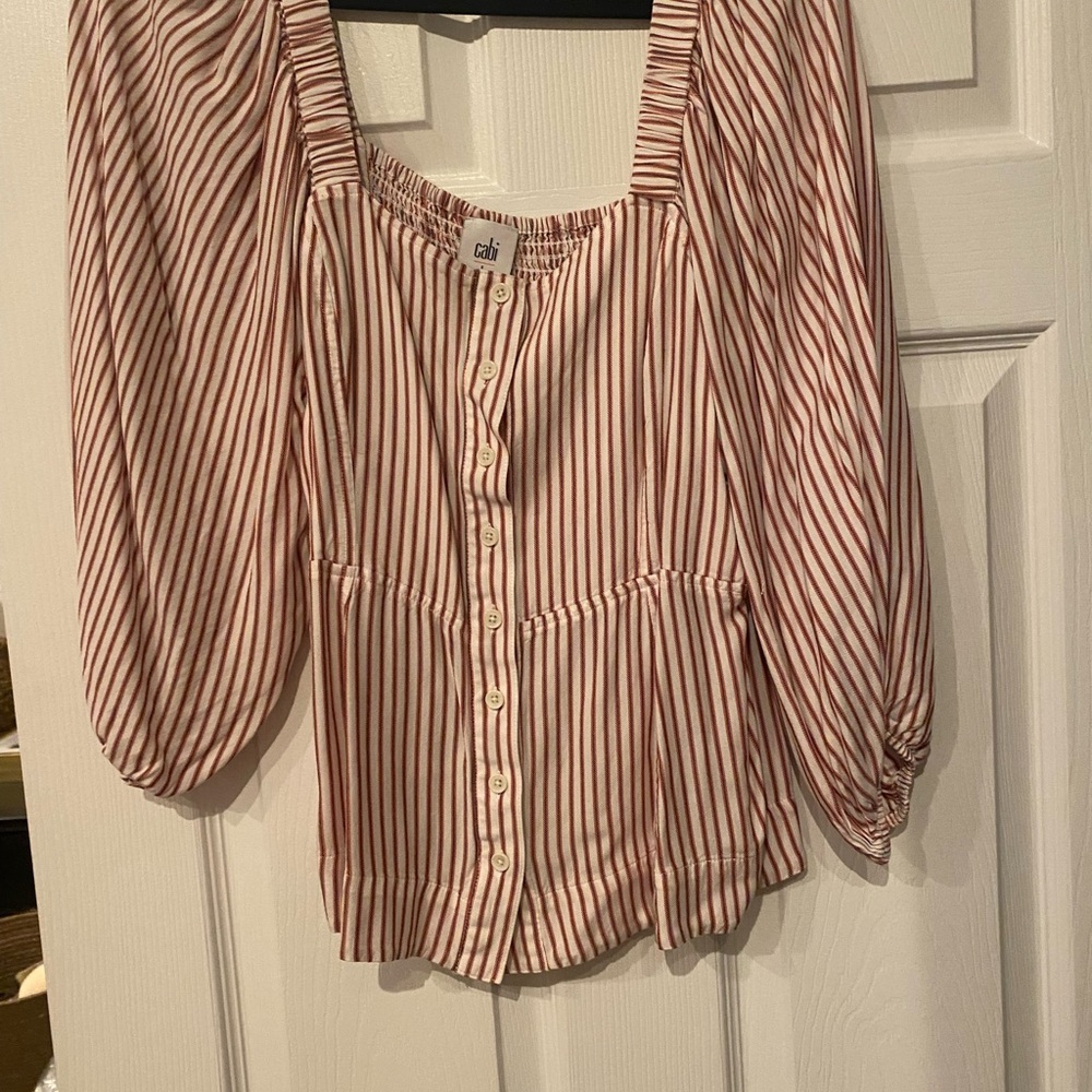 CAbi Pink and White Blouse Puff Sleeve Tie Front